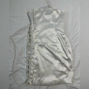 MESHKI- White Lace up side satin dress